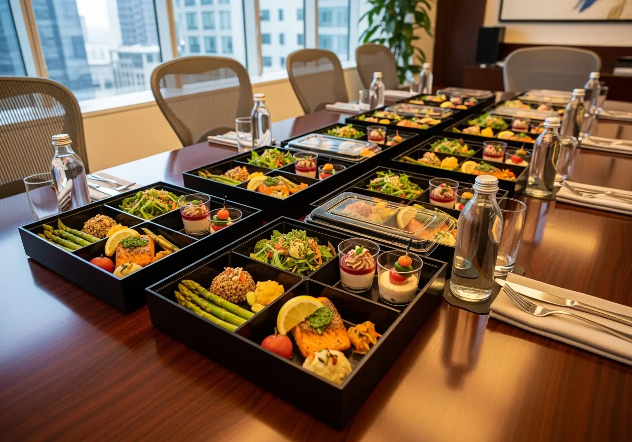 Plateaux-repas gastronomiques disposés sur une grande table de réunion dans un bureau d’entreprise